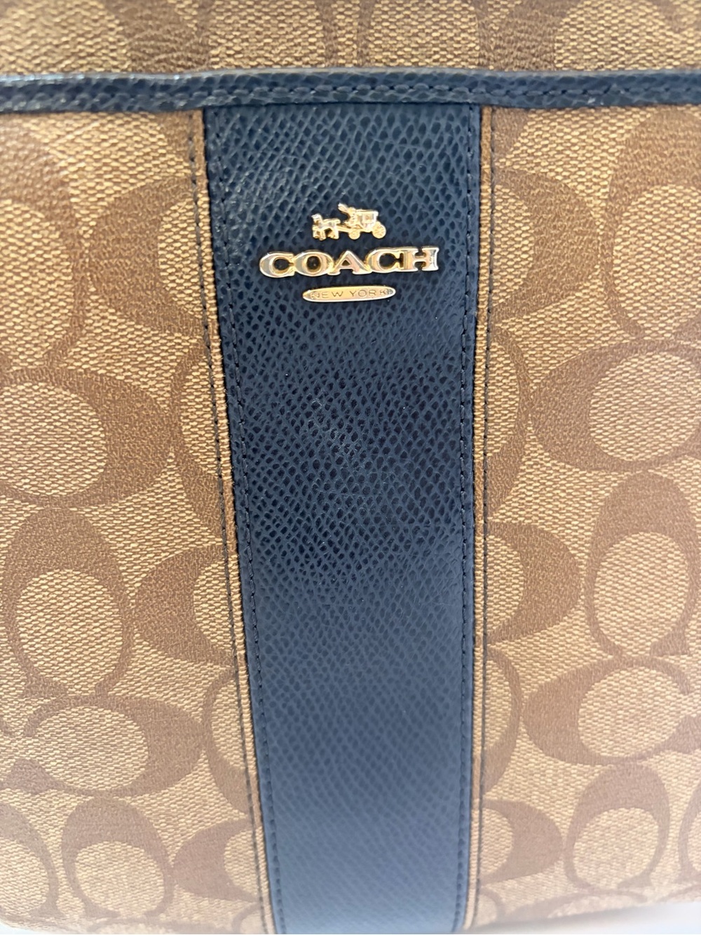 COACH Brown Signature Canvas Crossbody with NAVY Center Stripe - Picture 5 of 12